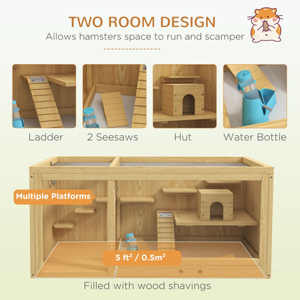 Wooden Hamster Cage with Water Bottle, Platforms, Seesaws & Sliding Tray - Natural Wood Finish