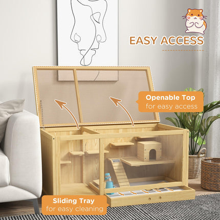 Wooden Hamster Cage with Water Bottle, Platforms, Seesaws & Sliding Tray - Natural Wood Finish