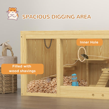 Wooden Hamster Cage with Water Bottle, Platforms, Seesaws & Sliding Tray - Natural Wood Finish