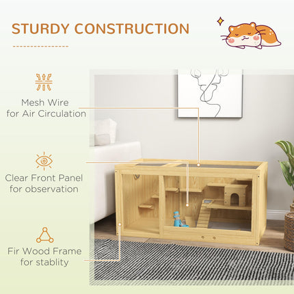 Wooden Hamster Cage with Water Bottle, Platforms, Seesaws & Sliding Tray - Natural Wood Finish
