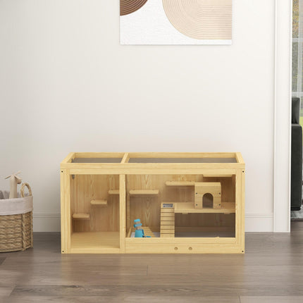 Wooden Hamster Cage with Water Bottle, Platforms, Seesaws & Sliding Tray - Natural Wood Finish