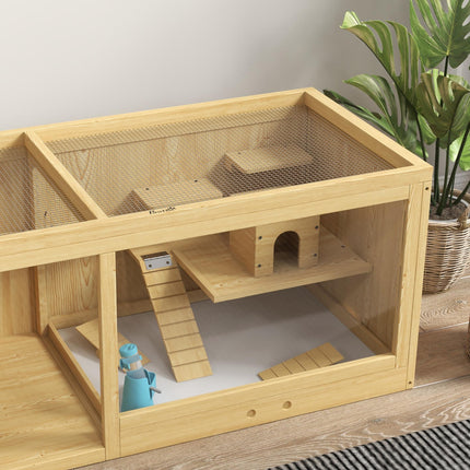 Wooden Hamster Cage with Water Bottle, Platforms, Seesaws & Sliding Tray - Natural Wood Finish