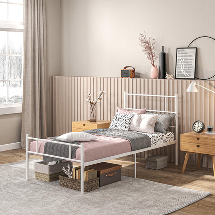 Single Metal Bed Frame with Steel Structure and Storage - White