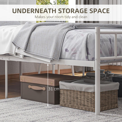 Single Metal Bed Frame with Steel Structure and Storage - White