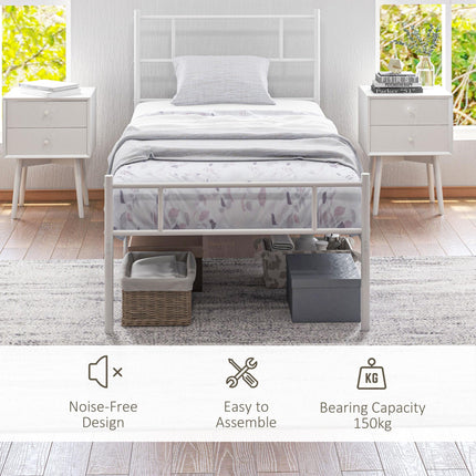 Single Metal Bed Frame with Steel Structure and Storage - White
