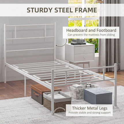Single Metal Bed Frame with Steel Structure and Storage - White