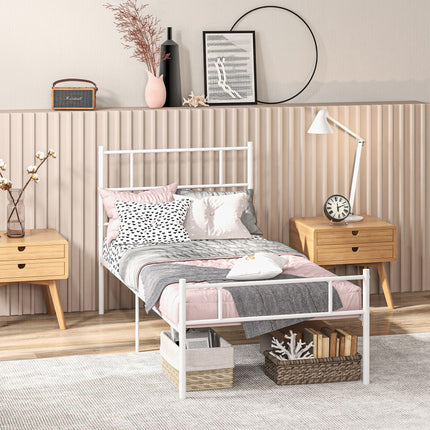 Single Metal Bed Frame with Steel Structure and Storage - White