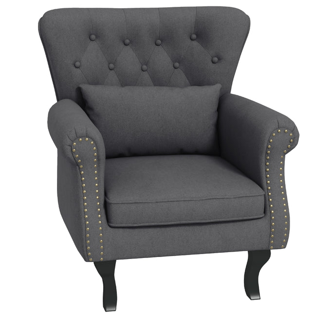 Chesterfield Tufted Wingback Accent Chair with Pillow - Dark Grey