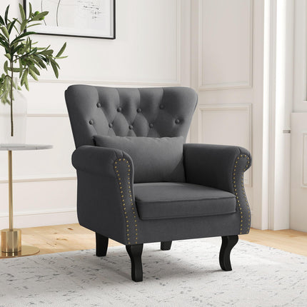 Chesterfield Tufted Wingback Accent Chair with Pillow - Dark Grey