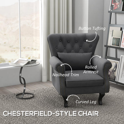 Chesterfield Tufted Wingback Accent Chair with Pillow - Dark Grey