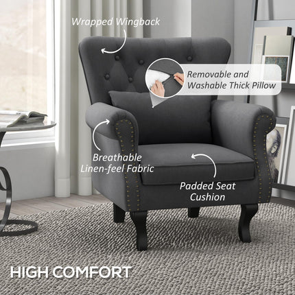 Chesterfield Tufted Wingback Accent Chair with Pillow - Dark Grey