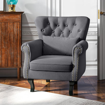 Chesterfield Tufted Wingback Accent Chair with Pillow - Dark Grey