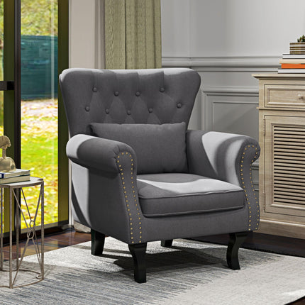 Chesterfield Tufted Wingback Accent Chair with Pillow - Dark Grey