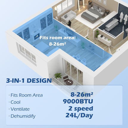 7,000 BTU Mobile Air Conditioner with Dehumidifier, 24H Timer, Wheels & Window Kit for Rooms up to 15m² - White