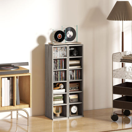 CD Media Display Shelf Tower Rack with Adjustable Shelves, Set of 2 - Mocha Wood Effect