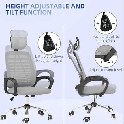 Ergonomic Mesh Office Chair with Adjustable Headrest and Lumbar Support - Grey