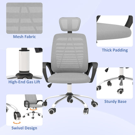 Ergonomic Mesh Office Chair with Adjustable Headrest and Lumbar Support - Grey