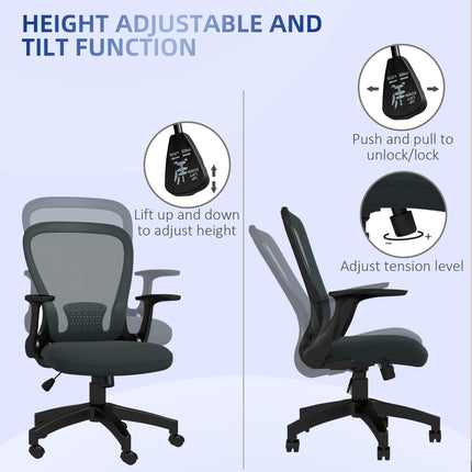 Ergonomic Mesh Office Chair with Flip-up Armrest and Lumbar Support - Grey