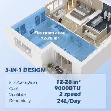 9,000 BTU Mobile Air Conditioner with Dehumidifier, 24H Timer, Wheels & Window Mount Kit for Rooms up to 20m² - White