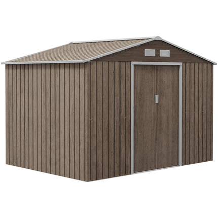 9 x 6ft Metal Garden Storage Shed with Lockable Double Sliding Doors - Brown