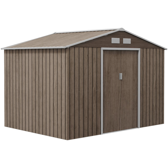 9 x 6ft Metal Garden Storage Shed with Lockable Double Sliding Doors - Brown