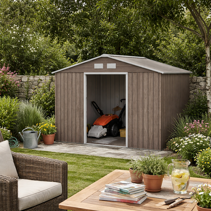 9 x 6ft Metal Garden Storage Shed with Lockable Double Sliding Doors - Brown