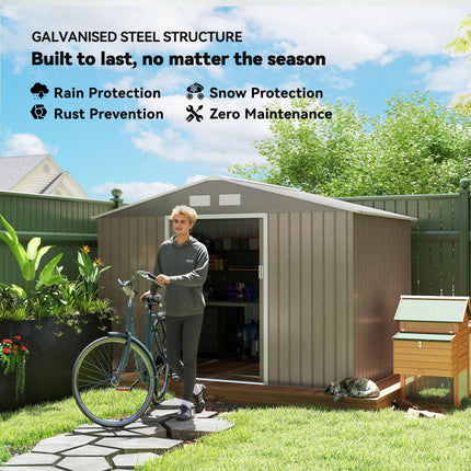 9 x 6ft Metal Garden Storage Shed with Lockable Double Sliding Doors - Brown