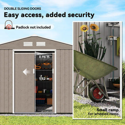 9 x 6ft Metal Garden Storage Shed with Lockable Double Sliding Doors - Brown