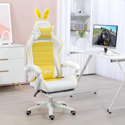 Racing Gaming Chair with Reclining, Footrest, Headrest & Lumbar Support, Removable Rabbit Ears - Yellow