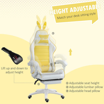 Racing Gaming Chair with Reclining, Footrest, Headrest & Lumbar Support, Removable Rabbit Ears - Yellow