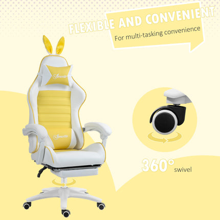 Racing Gaming Chair with Reclining, Footrest, Headrest & Lumbar Support, Removable Rabbit Ears - Yellow