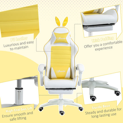 Racing Gaming Chair with Reclining, Footrest, Headrest & Lumbar Support, Removable Rabbit Ears - Yellow
