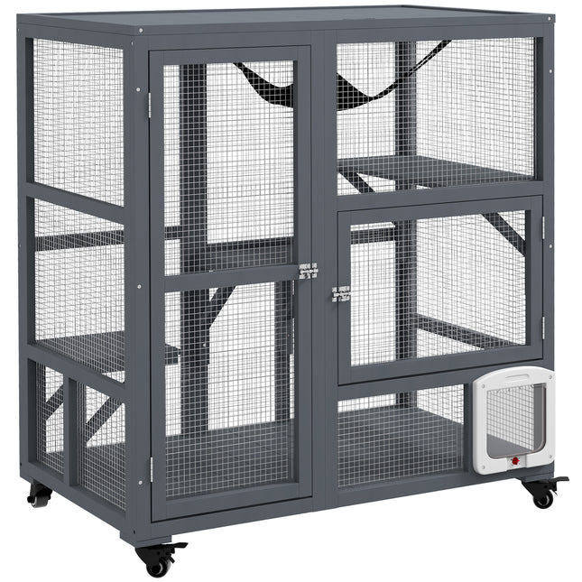 Wooden Outdoor Catio Cat Enclosure with Platforms, Hammock & Wheels - Light Grey