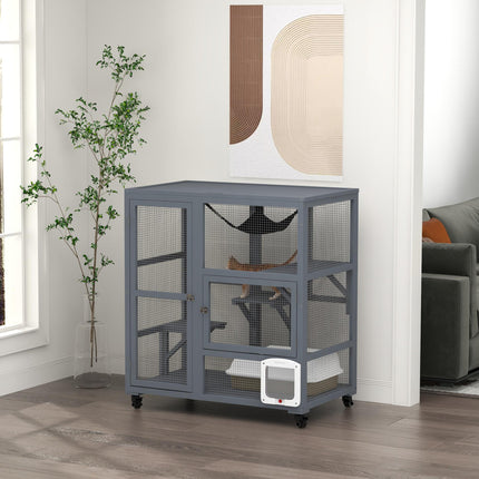 Wooden Outdoor Catio Cat Enclosure with Platforms, Hammock & Wheels - Light Grey