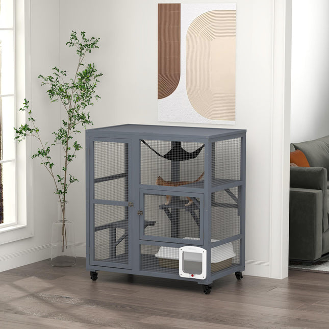 Wooden Outdoor Catio Cat Enclosure with Platforms, Hammock & Wheels - Light Grey