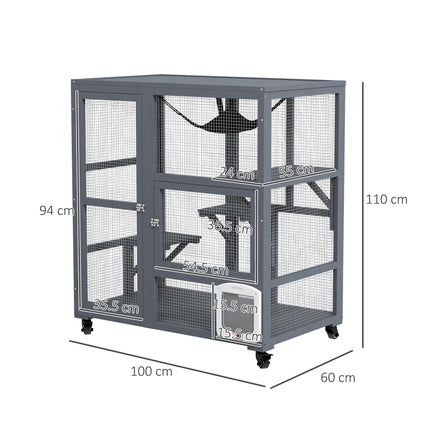 Wooden Outdoor Catio Cat Enclosure with Platforms, Hammock & Wheels - Light Grey
