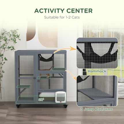 Wooden Outdoor Catio Cat Enclosure with Platforms, Hammock & Wheels - Light Grey