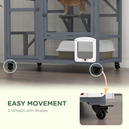Wooden Outdoor Catio Cat Enclosure with Platforms, Hammock & Wheels - Light Grey