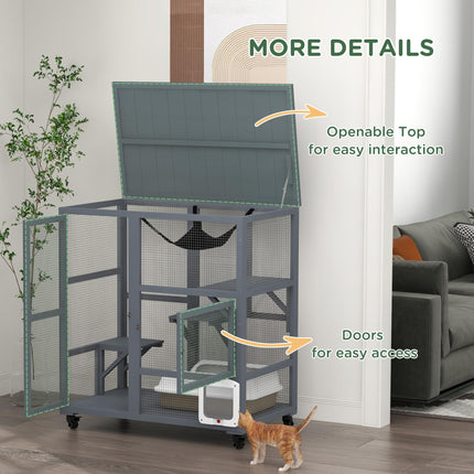 Wooden Outdoor Catio Cat Enclosure with Platforms, Hammock & Wheels - Light Grey