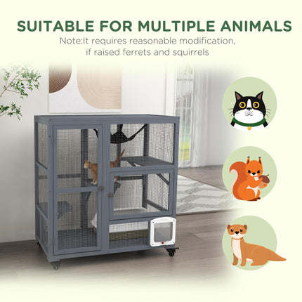 Wooden Outdoor Catio Cat Enclosure with Platforms, Hammock & Wheels - Light Grey