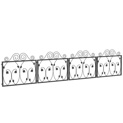 4 Pack Metal Garden Fence with Scroll Flower Edging and Animal Barrier - Black