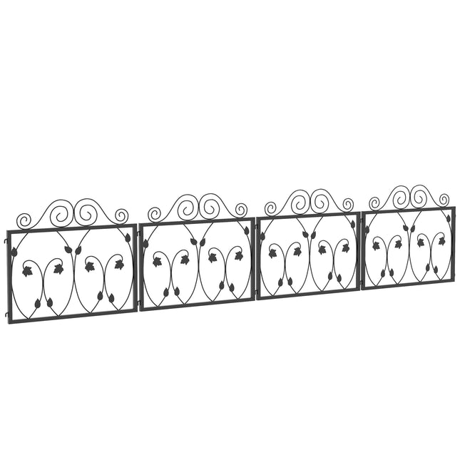 4 Pack Metal Garden Fence with Scroll Flower Edging and Animal Barrier - Black