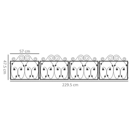 4 Pack Metal Garden Fence with Scroll Flower Edging and Animal Barrier - Black