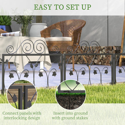 4 Pack Metal Garden Fence with Scroll Flower Edging and Animal Barrier - Black