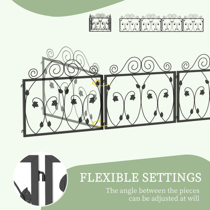 4 Pack Metal Garden Fence with Scroll Flower Edging and Animal Barrier - Black