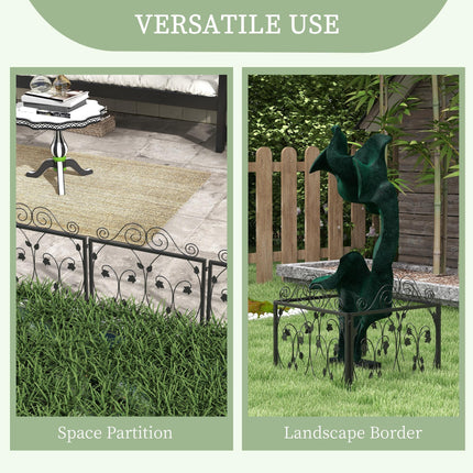 4 Pack Metal Garden Fence with Scroll Flower Edging and Animal Barrier - Black