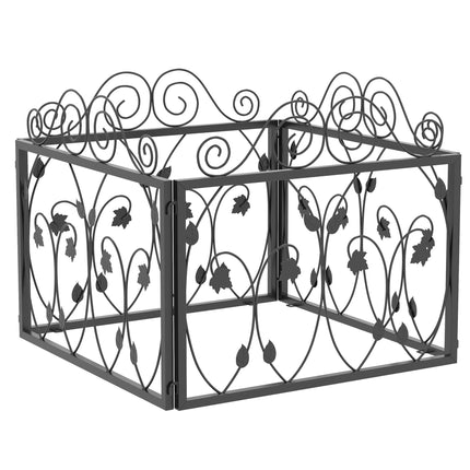 4 Pack Metal Garden Fence with Scroll Flower Edging and Animal Barrier - Black