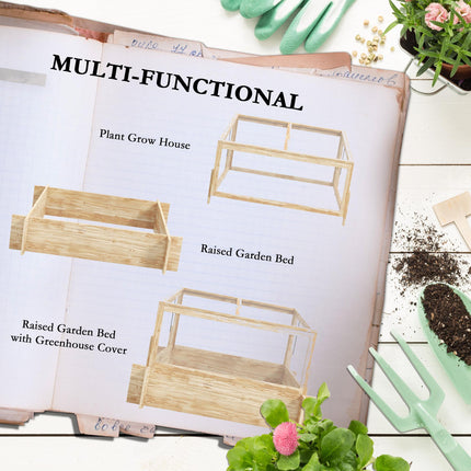 Outdoor Raised Garden Bed with Cold Frame Greenhouse Wooden Elevated Planter Box - Natural