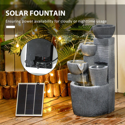 Solar Powered Four-Tier Outdoor Water Fountain with LED Lighting - Dark Grey
