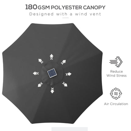 LED Patio Umbrella with Adjustable LED Lighting and Solar USB Charging - Charcoal Grey